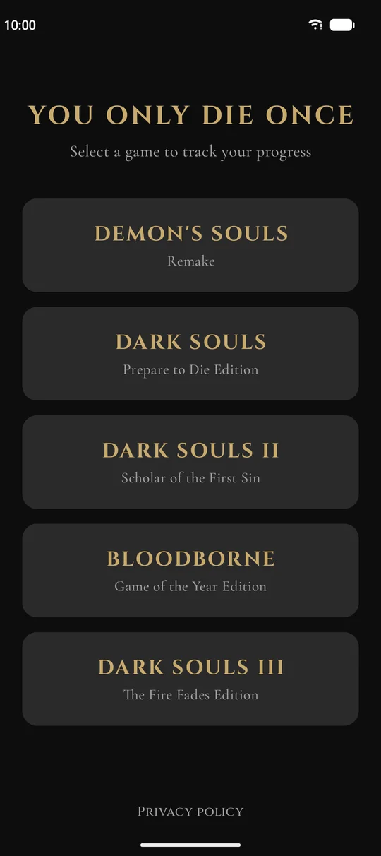 Game selection: Demon's Souls, Dark Souls I–III and Bloodborne